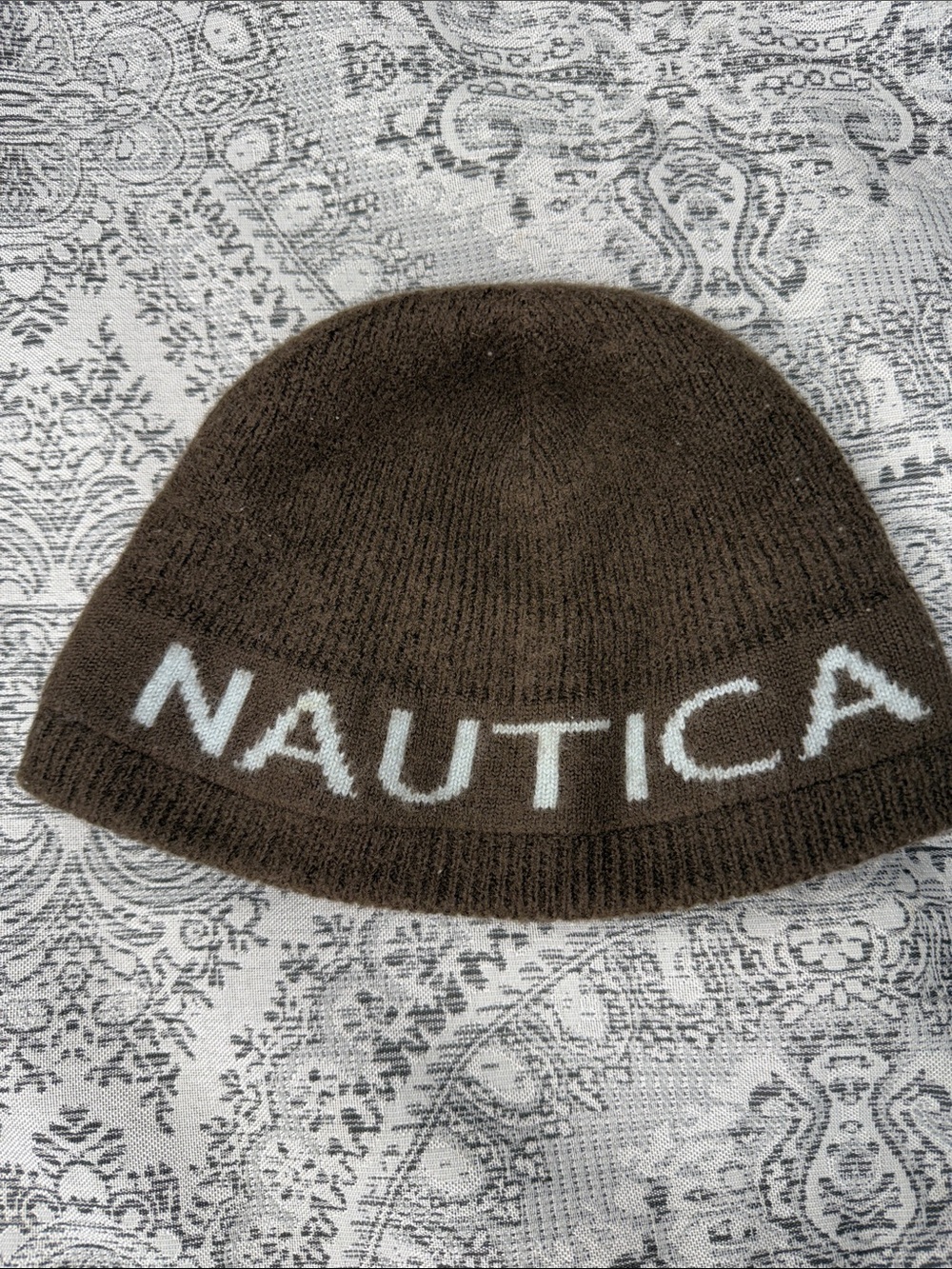 Nautica Brown Wool Knit Cuff Beanie with Grey Logo - OS